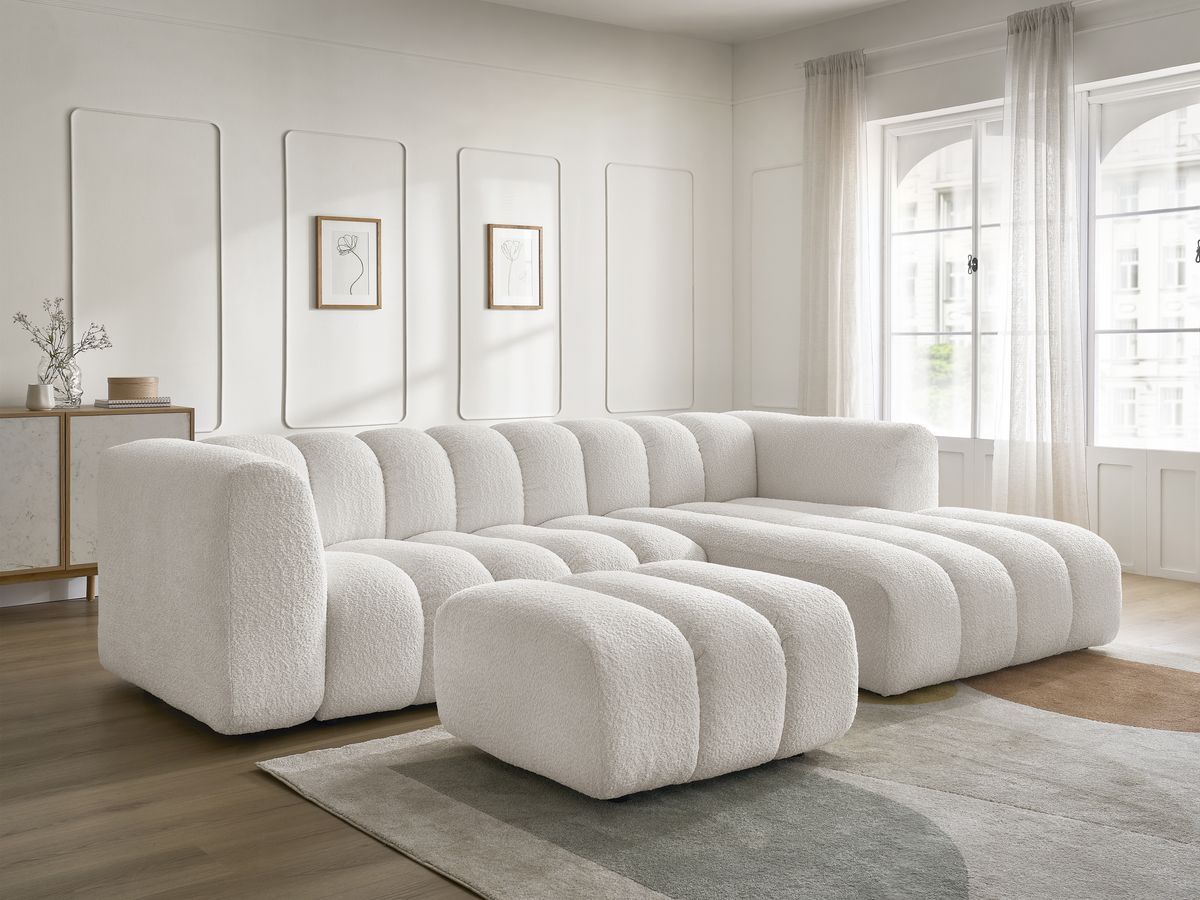 Canapé d'angle fixe TALIA tissu bouclette avec pouf