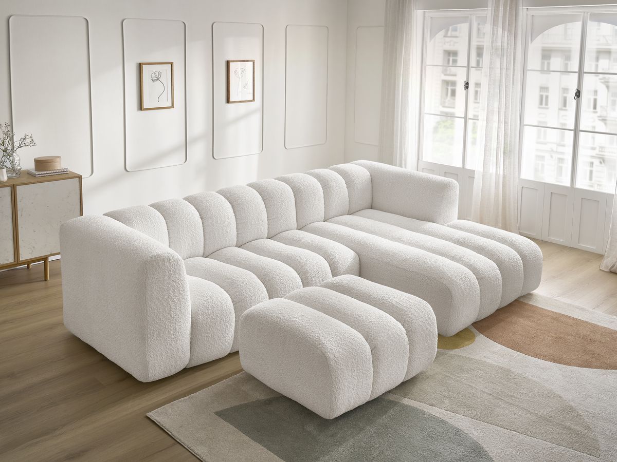 Canapé d'angle fixe TALIA tissu bouclette avec pouf