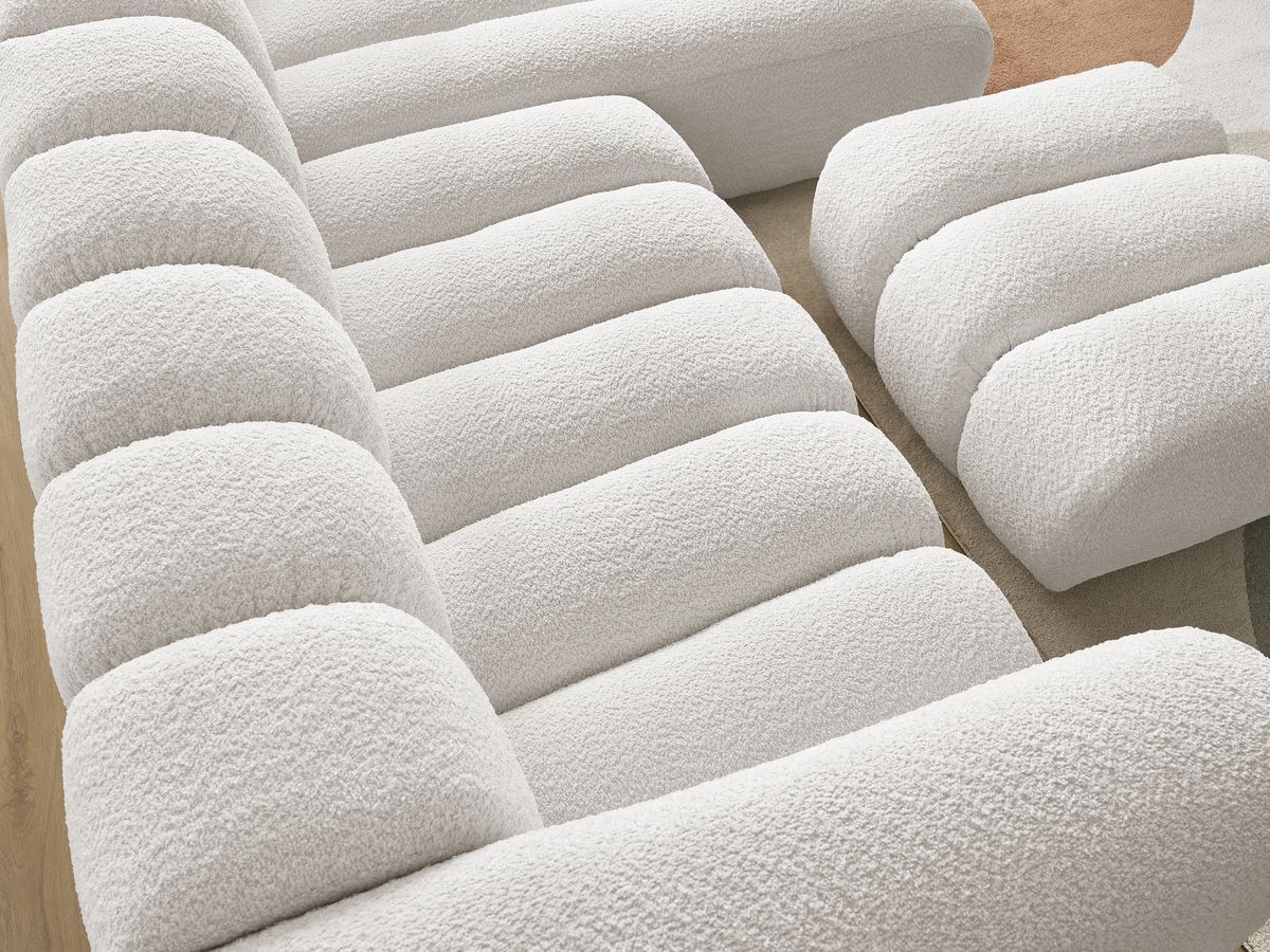 Canapé d'angle fixe TALIA tissu bouclette avec pouf