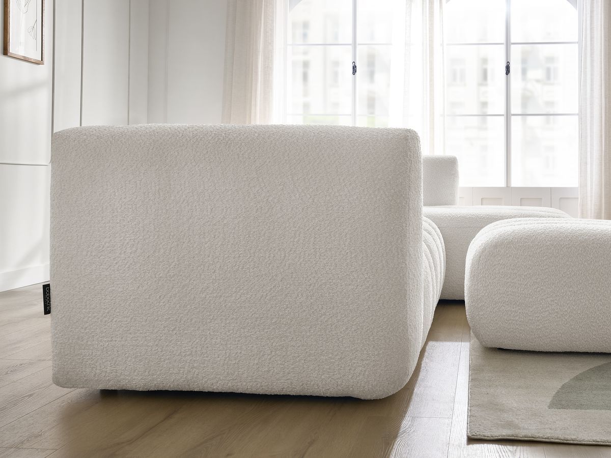 Canapé d'angle fixe TALIA tissu bouclette avec pouf