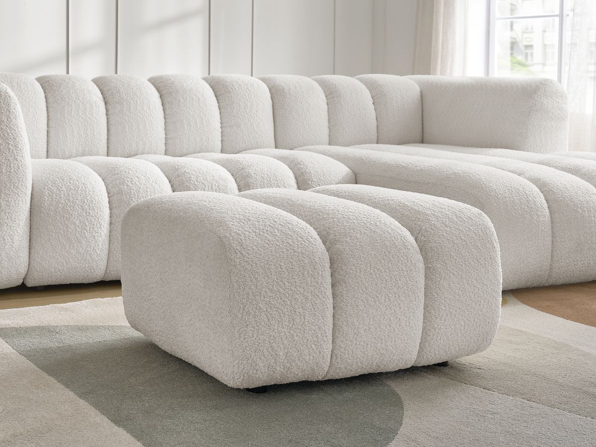 Canapé d'angle fixe TALIA tissu bouclette avec pouf
