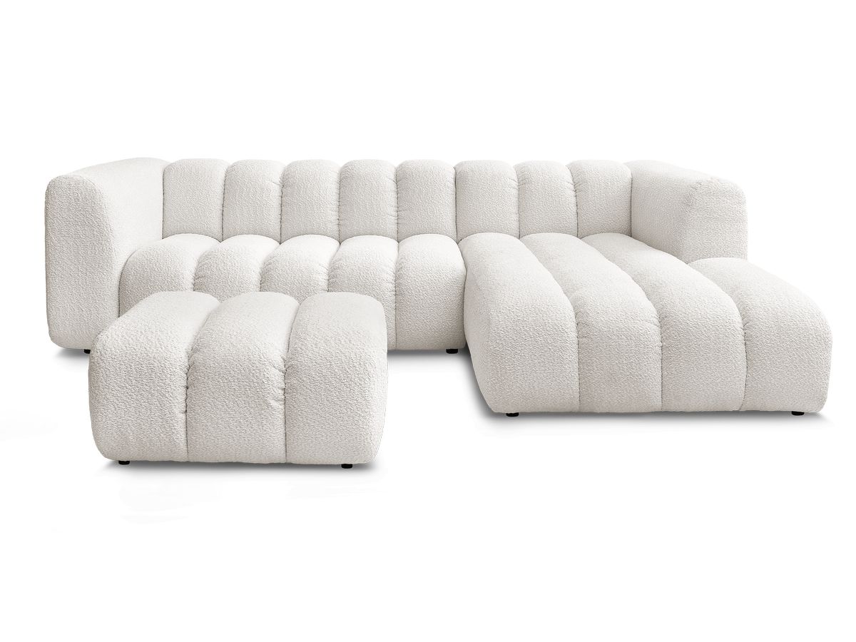 Canapé d'angle fixe TALIA tissu bouclette avec pouf