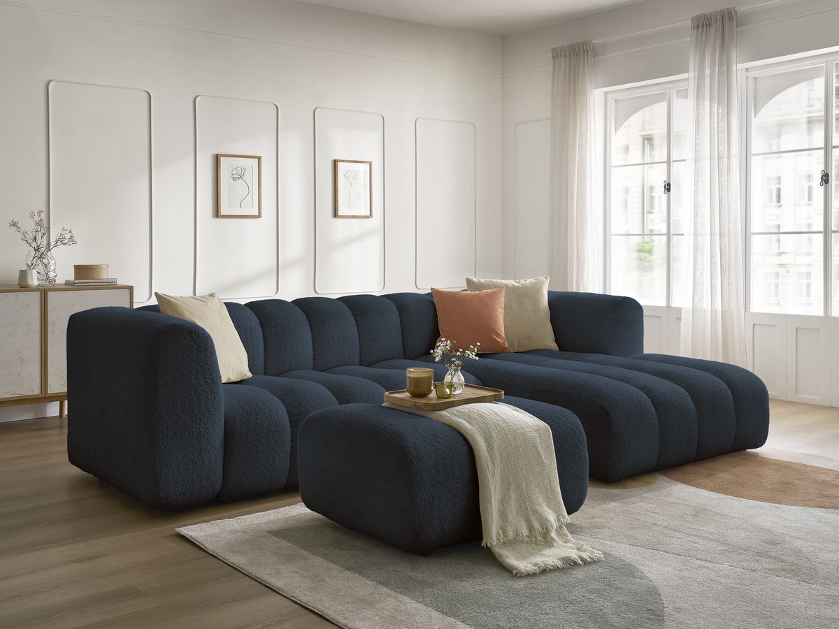 Canapé d'angle fixe TALIA tissu bouclette avec pouf
