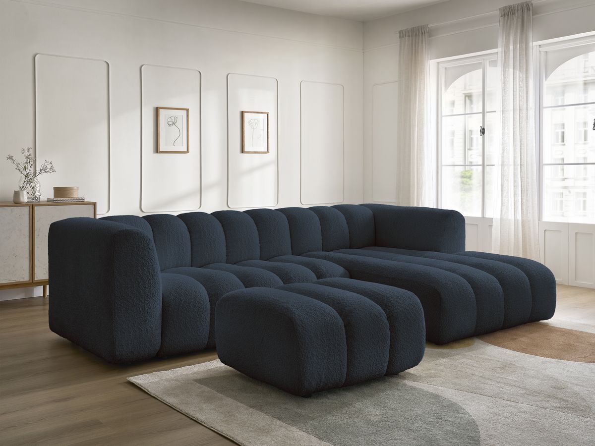 Canapé d'angle fixe TALIA tissu bouclette avec pouf