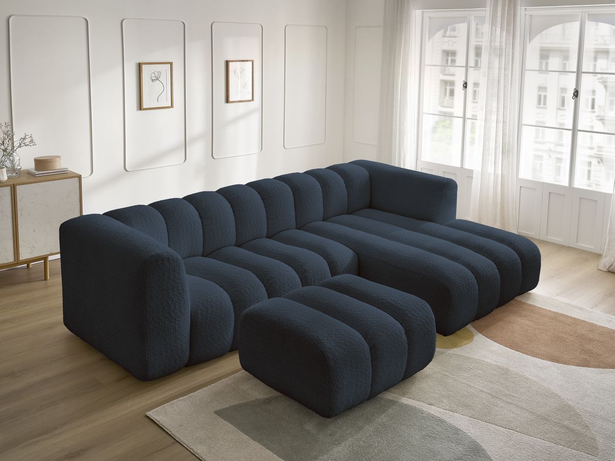 Canapé d'angle fixe TALIA tissu bouclette avec pouf