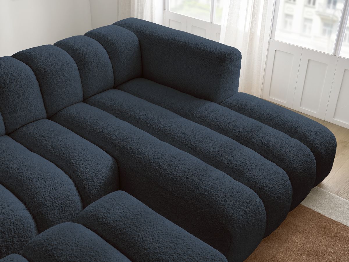 Canapé d'angle fixe TALIA tissu bouclette avec pouf