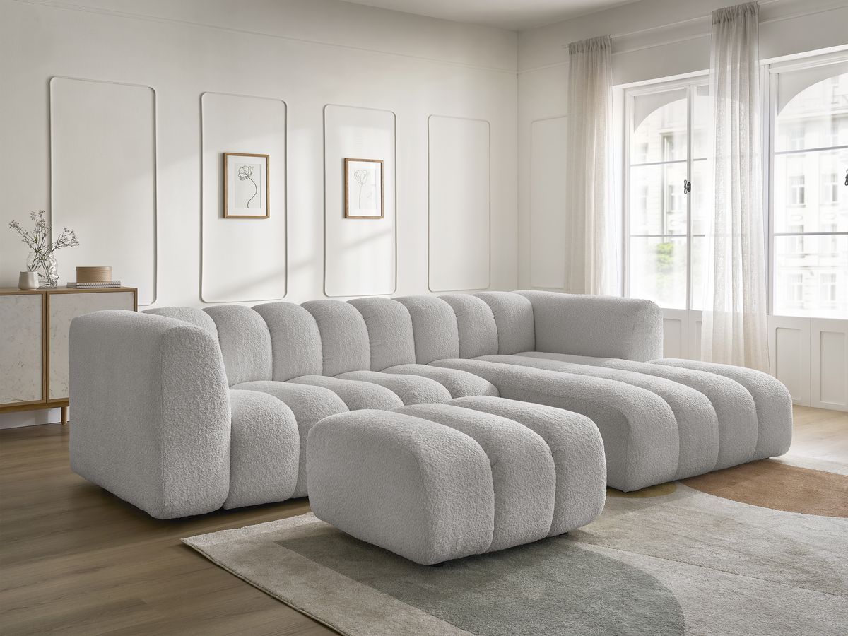 Canapé d'angle fixe TALIA tissu bouclette avec pouf
