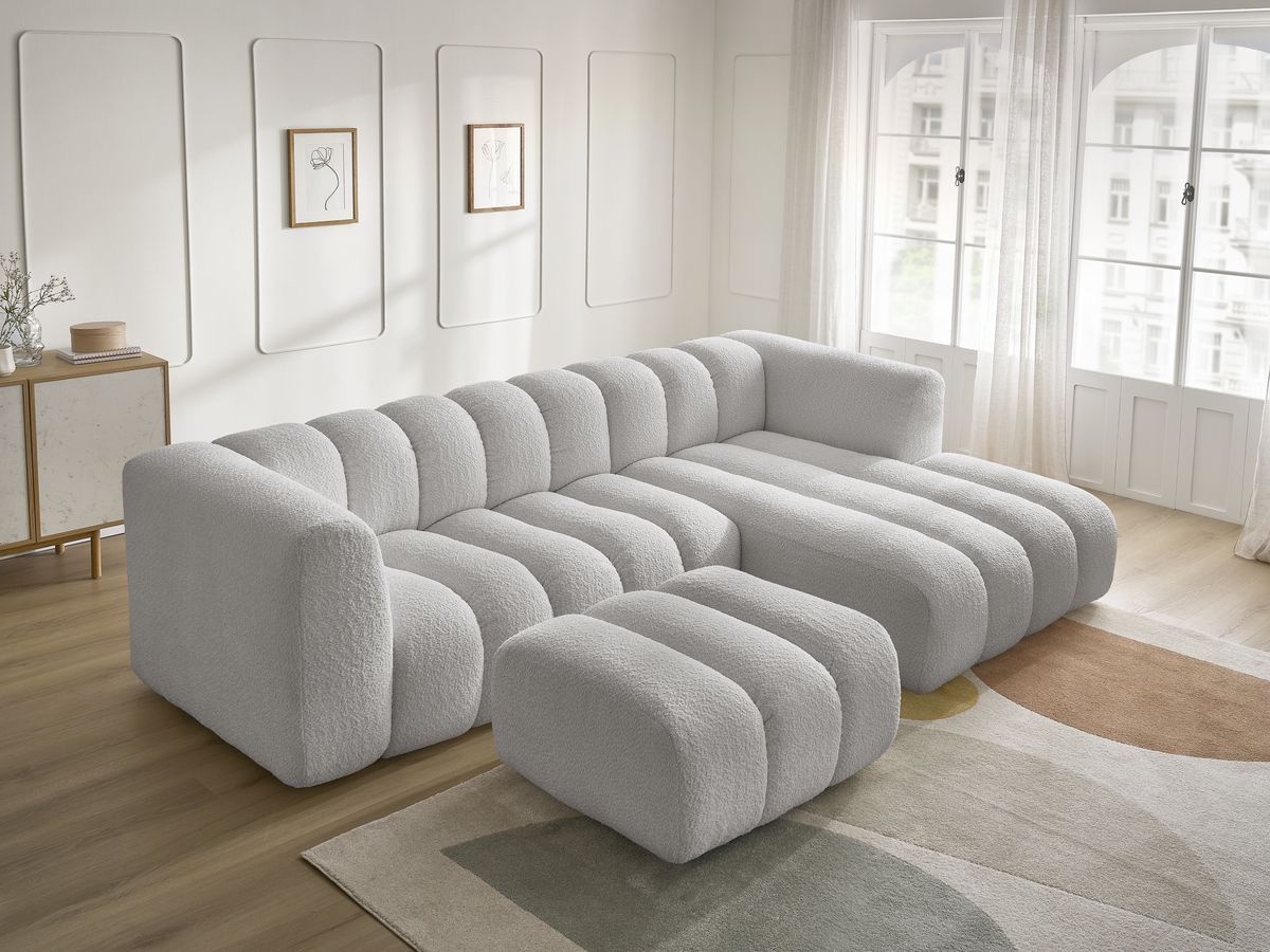 Canapé d'angle fixe TALIA tissu bouclette avec pouf