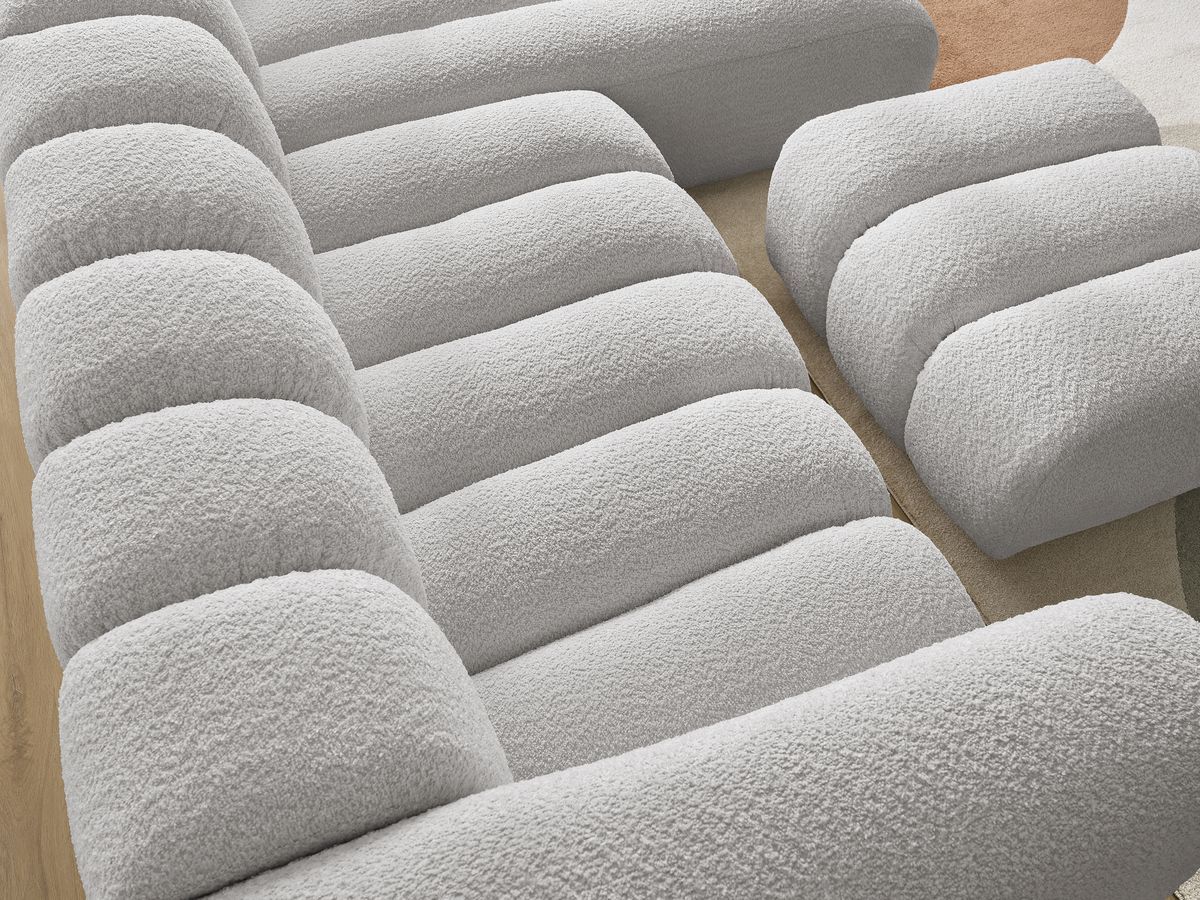 Canapé d'angle fixe TALIA tissu bouclette avec pouf