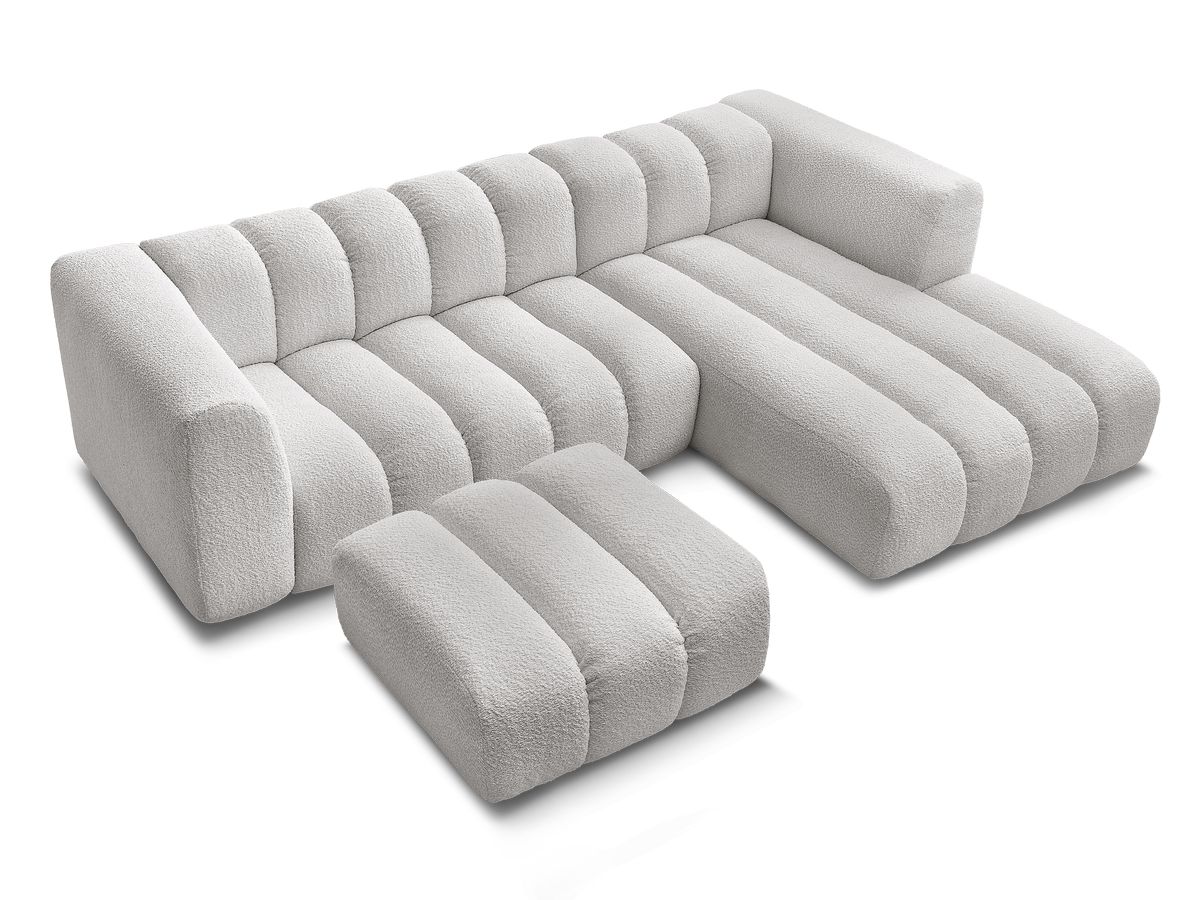 Canapé d'angle fixe TALIA tissu bouclette avec pouf