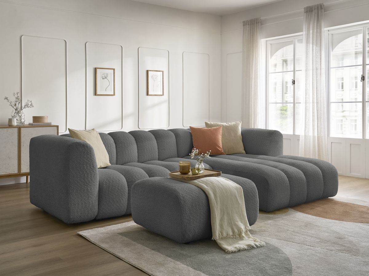 Canapé d'angle fixe TALIA tissu bouclette avec pouf