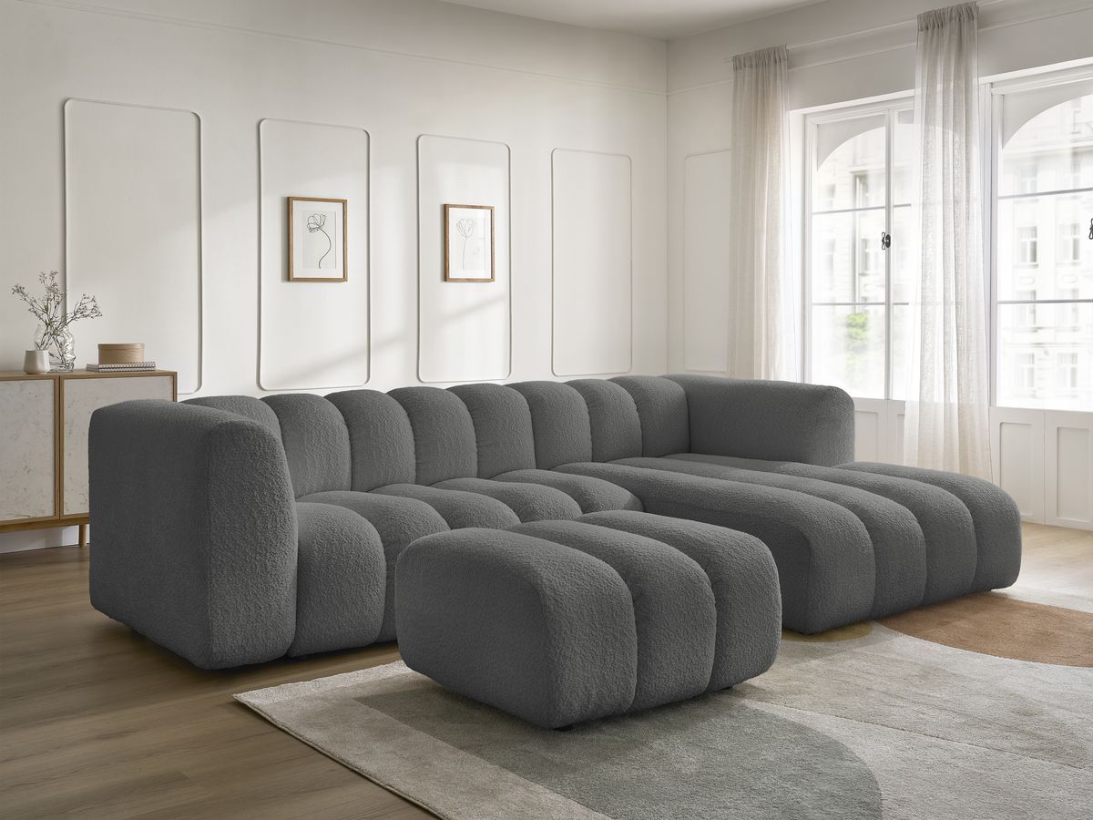 Canapé d'angle fixe TALIA tissu bouclette avec pouf