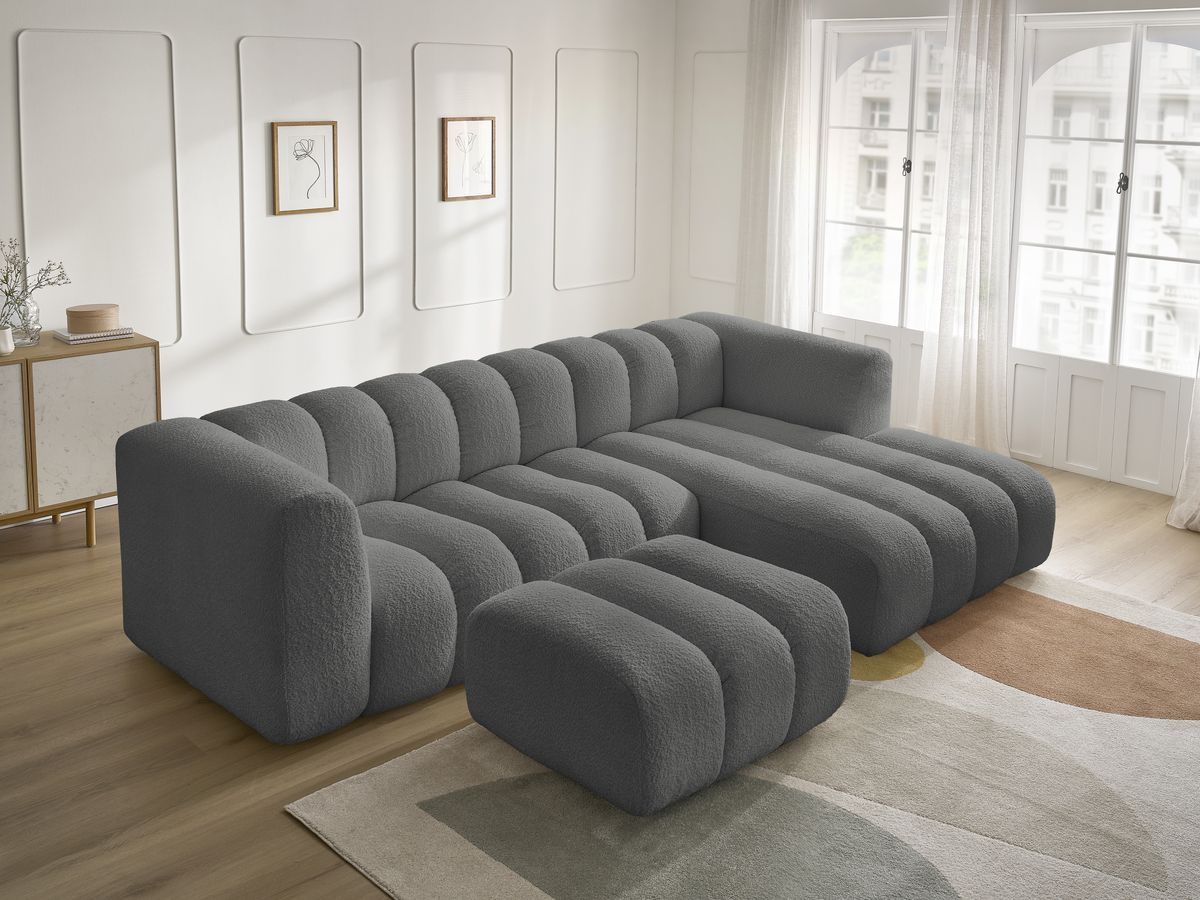 Canapé d'angle fixe TALIA tissu bouclette avec pouf