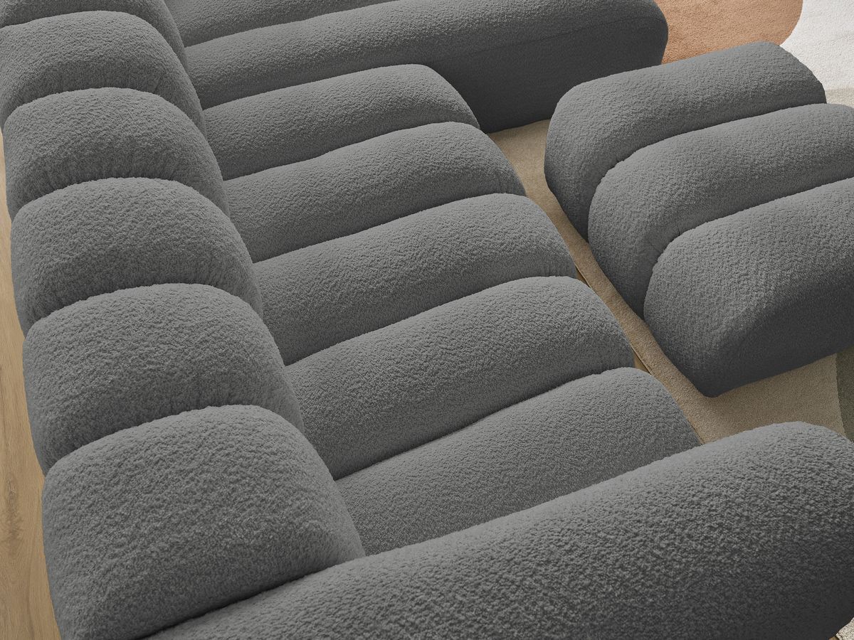 Canapé d'angle fixe TALIA tissu bouclette avec pouf