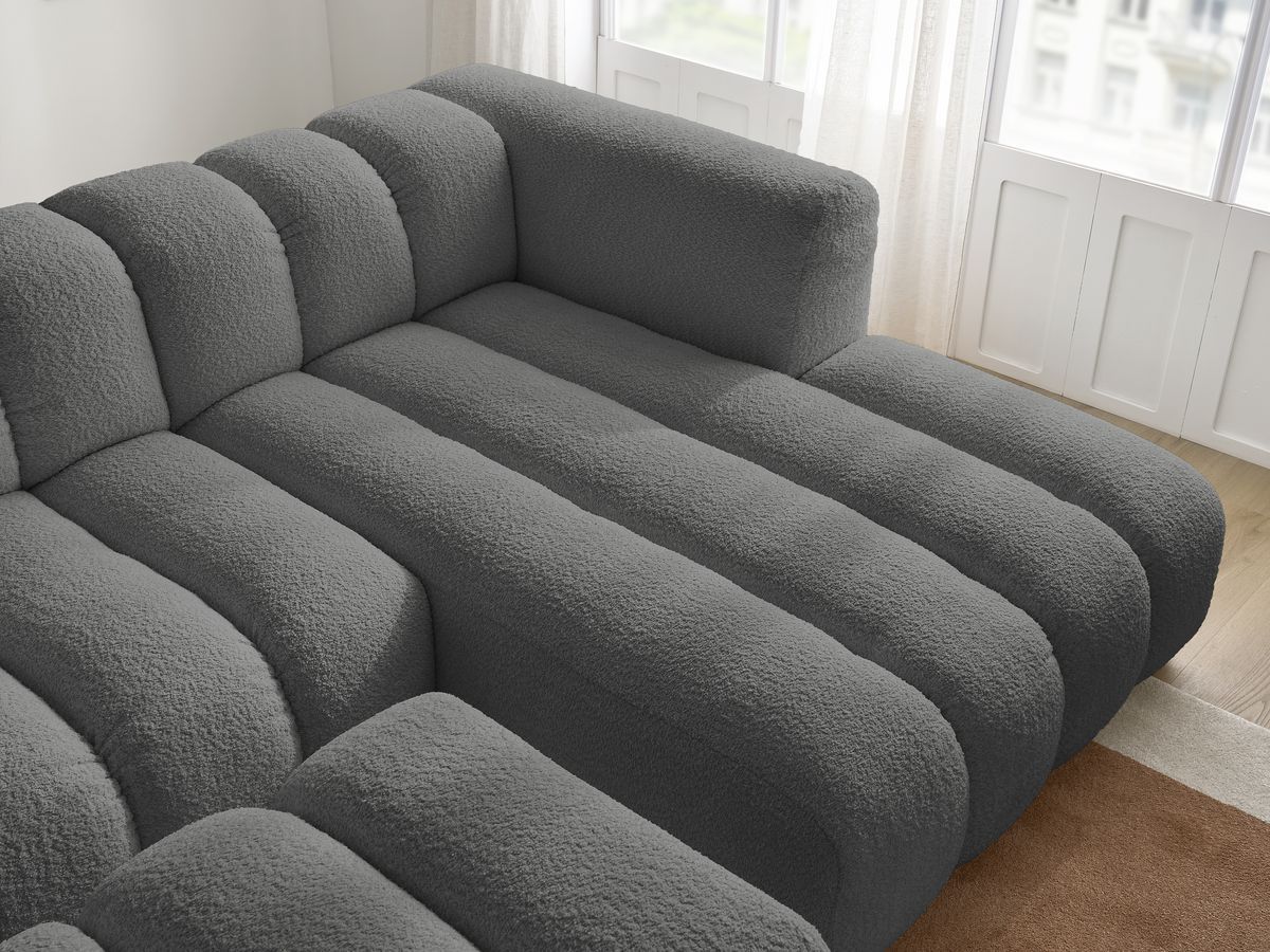 Canapé d'angle fixe TALIA tissu bouclette avec pouf