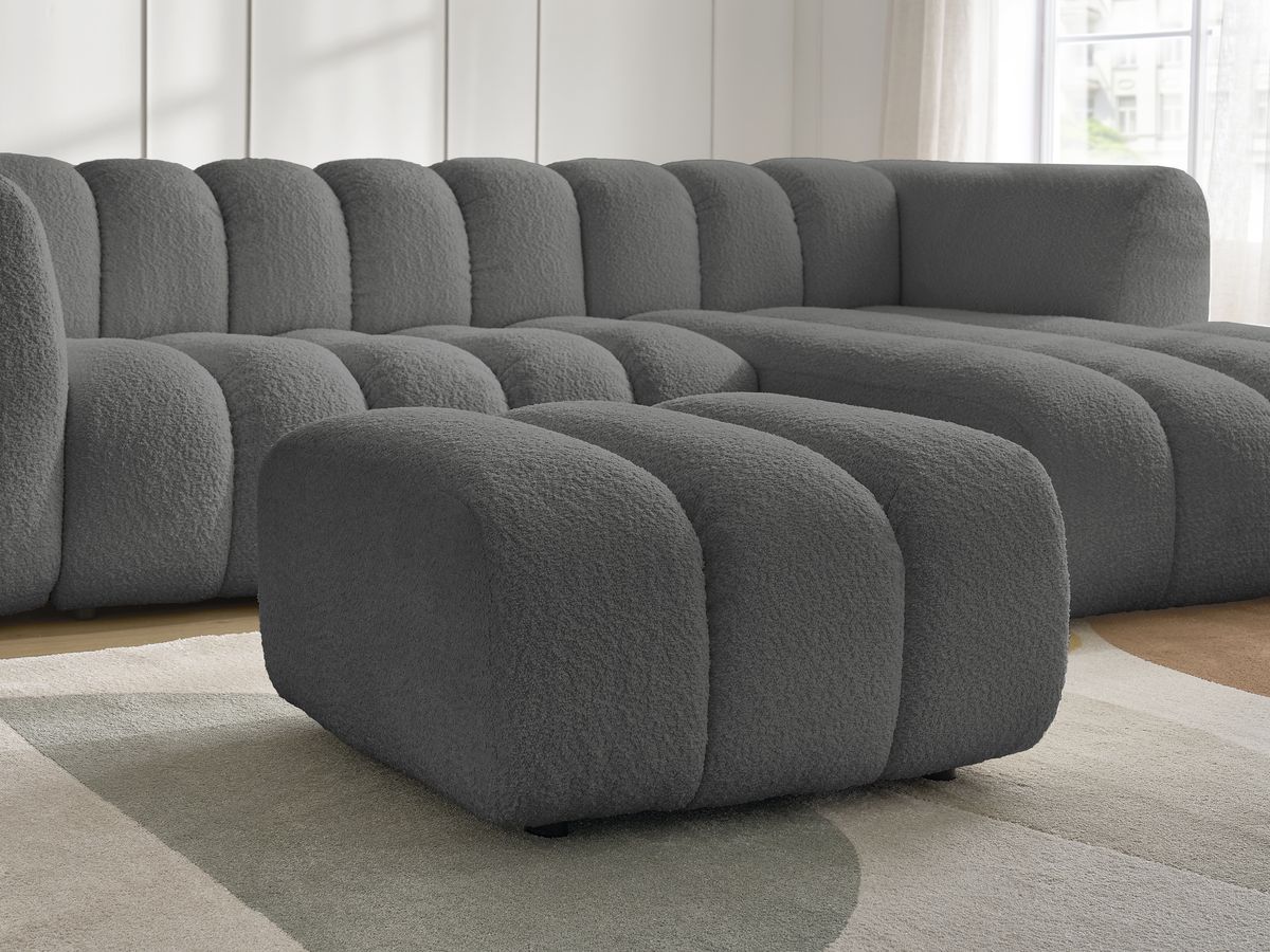 Canapé d'angle fixe TALIA tissu bouclette avec pouf