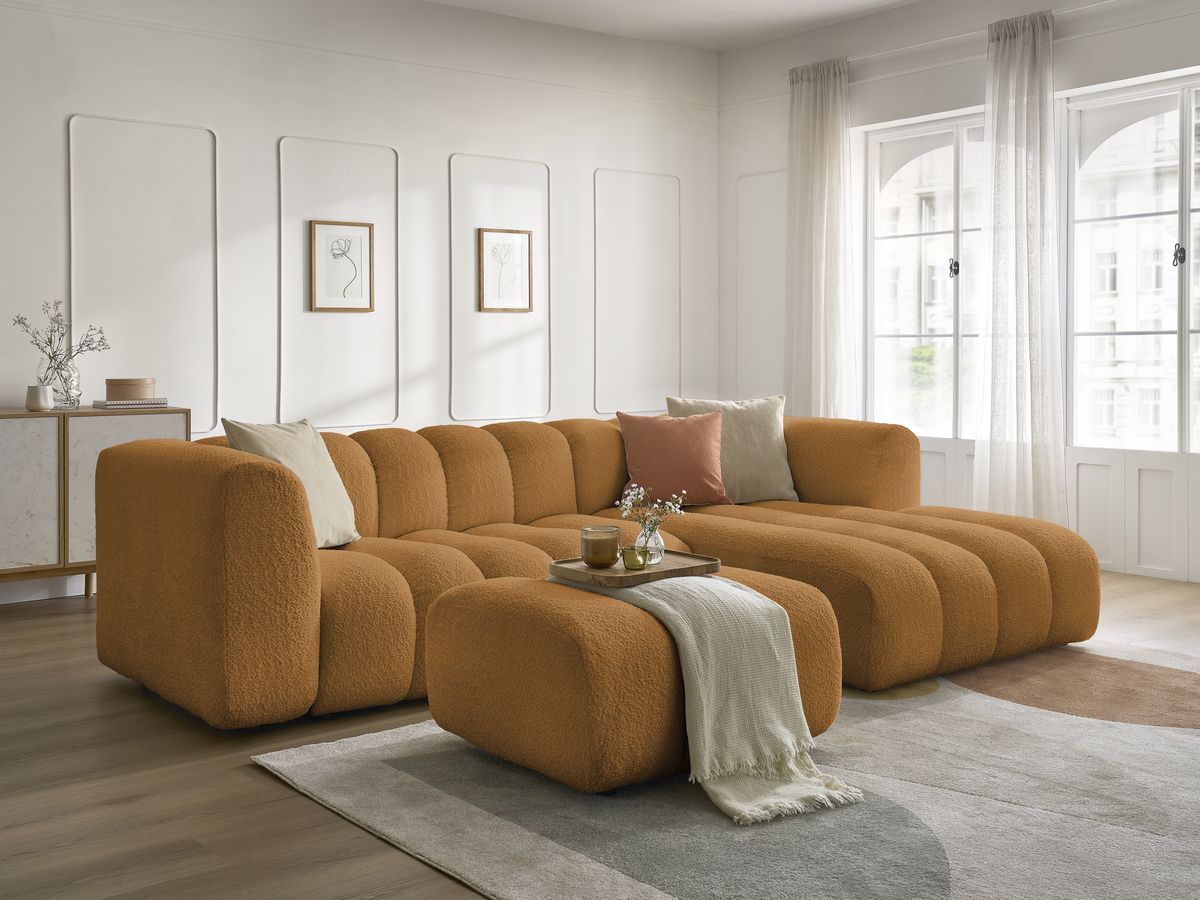 Canapé d'angle fixe TALIA tissu bouclette avec pouf