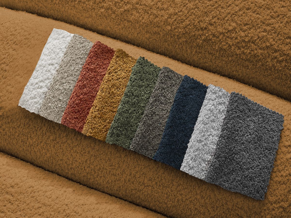 Canapé d'angle fixe TALIA tissu bouclette avec pouf