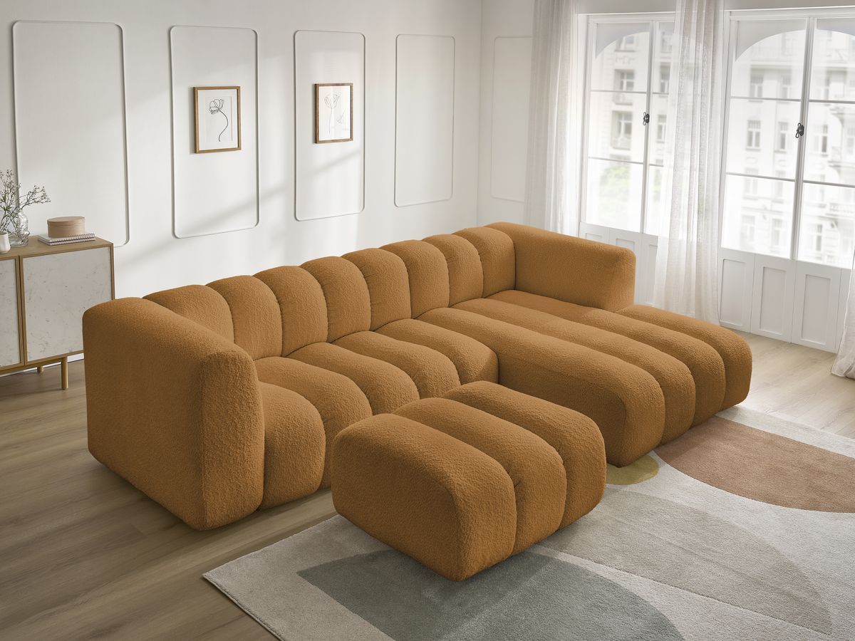 Canapé d'angle fixe TALIA tissu bouclette avec pouf