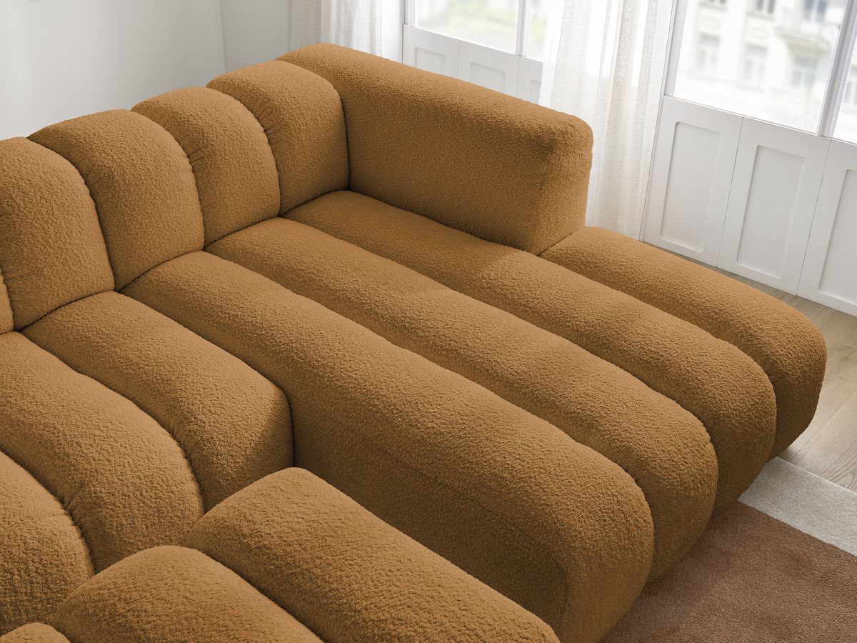 Canapé d'angle fixe TALIA tissu bouclette avec pouf