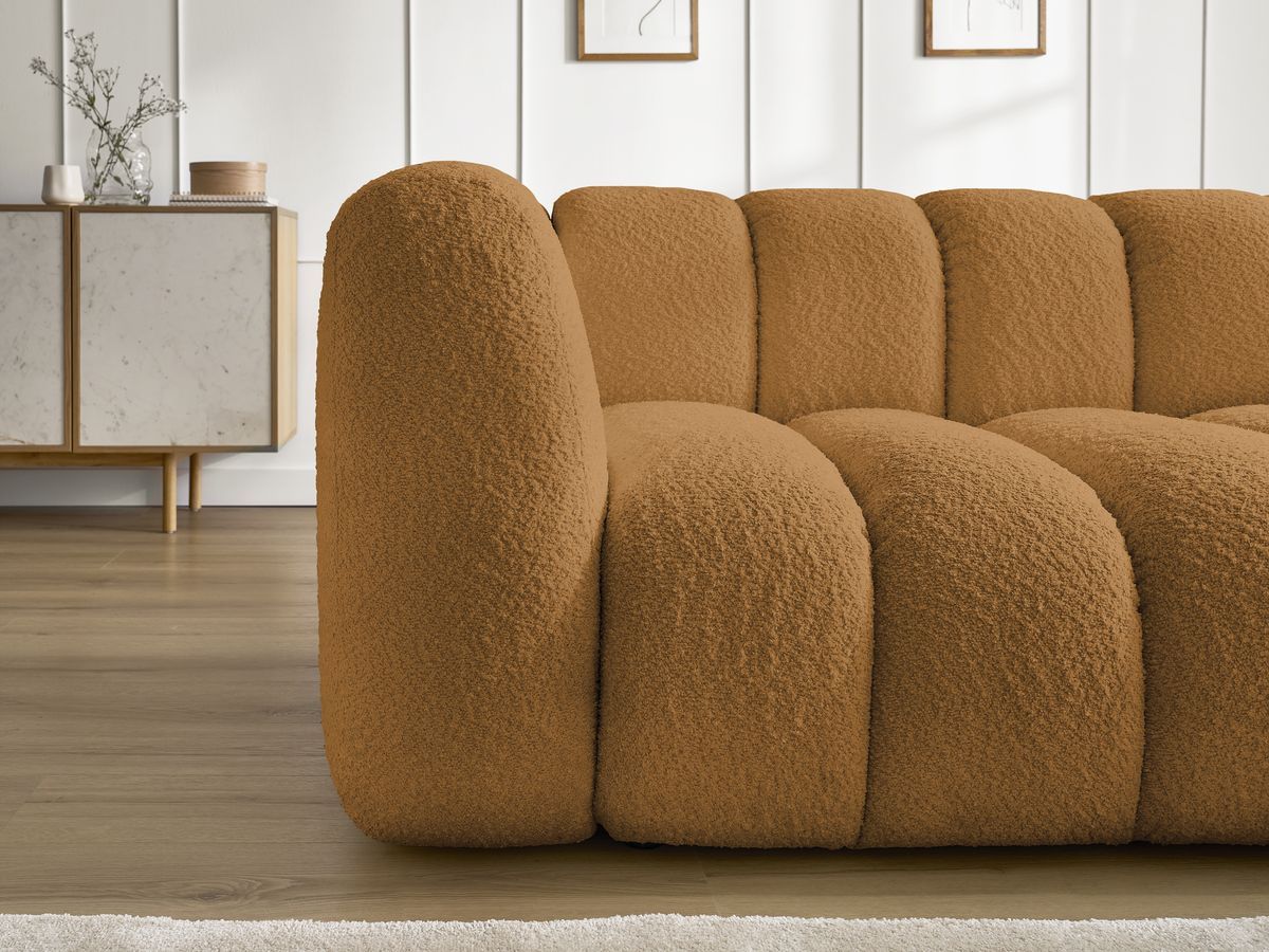 Canapé d'angle fixe TALIA tissu bouclette avec pouf