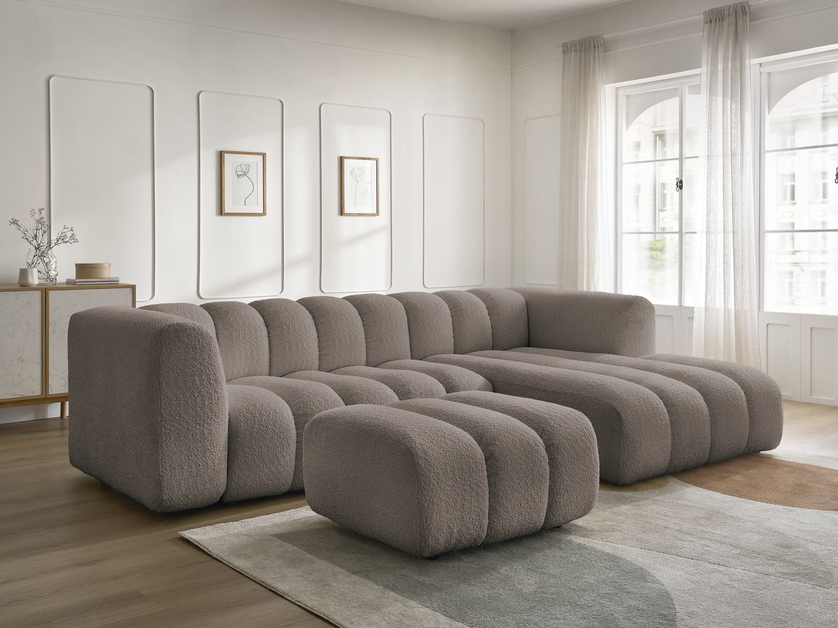 Canapé d'angle fixe TALIA tissu bouclette avec pouf