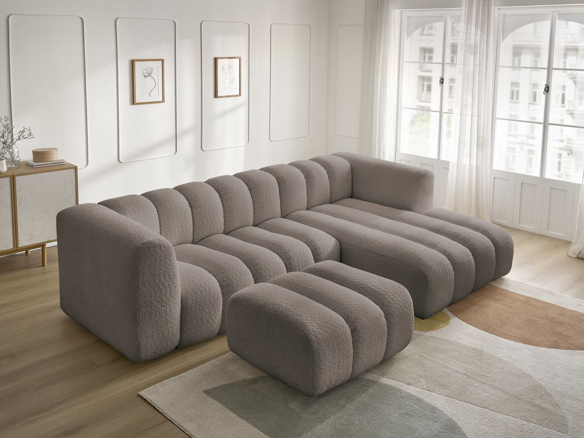 Canapé d'angle fixe TALIA tissu bouclette avec pouf