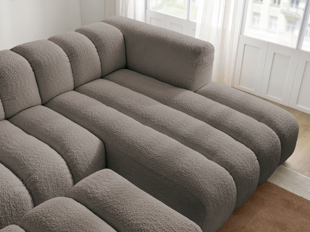 Canapé d'angle fixe TALIA tissu bouclette avec pouf