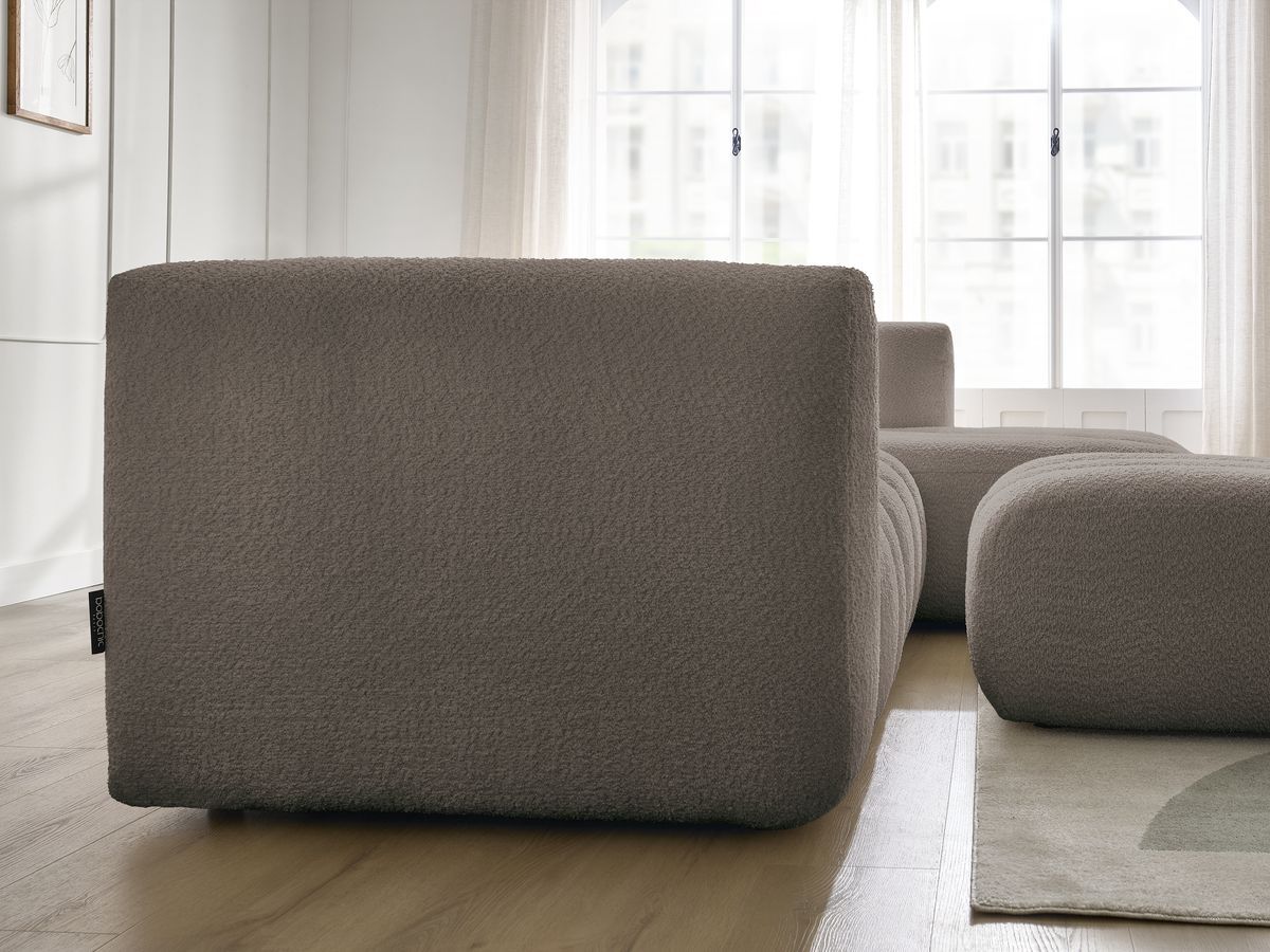 Canapé d'angle fixe TALIA tissu bouclette avec pouf