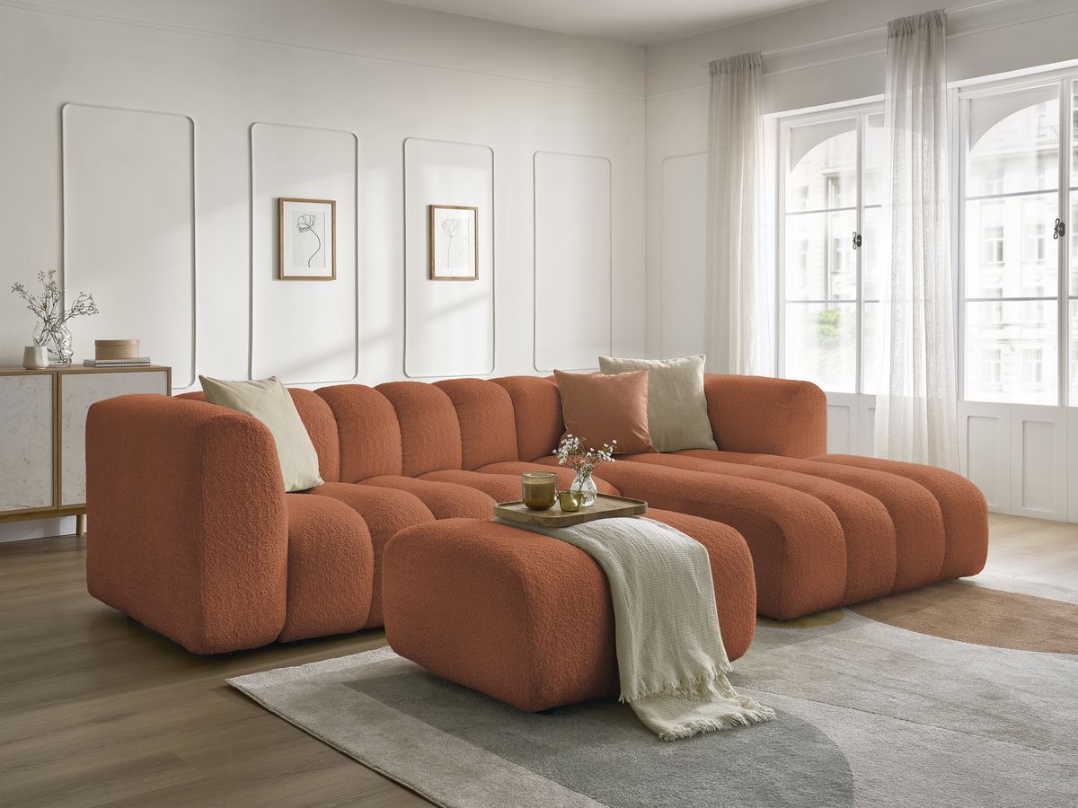 Canapé d'angle fixe TALIA tissu bouclette avec pouf