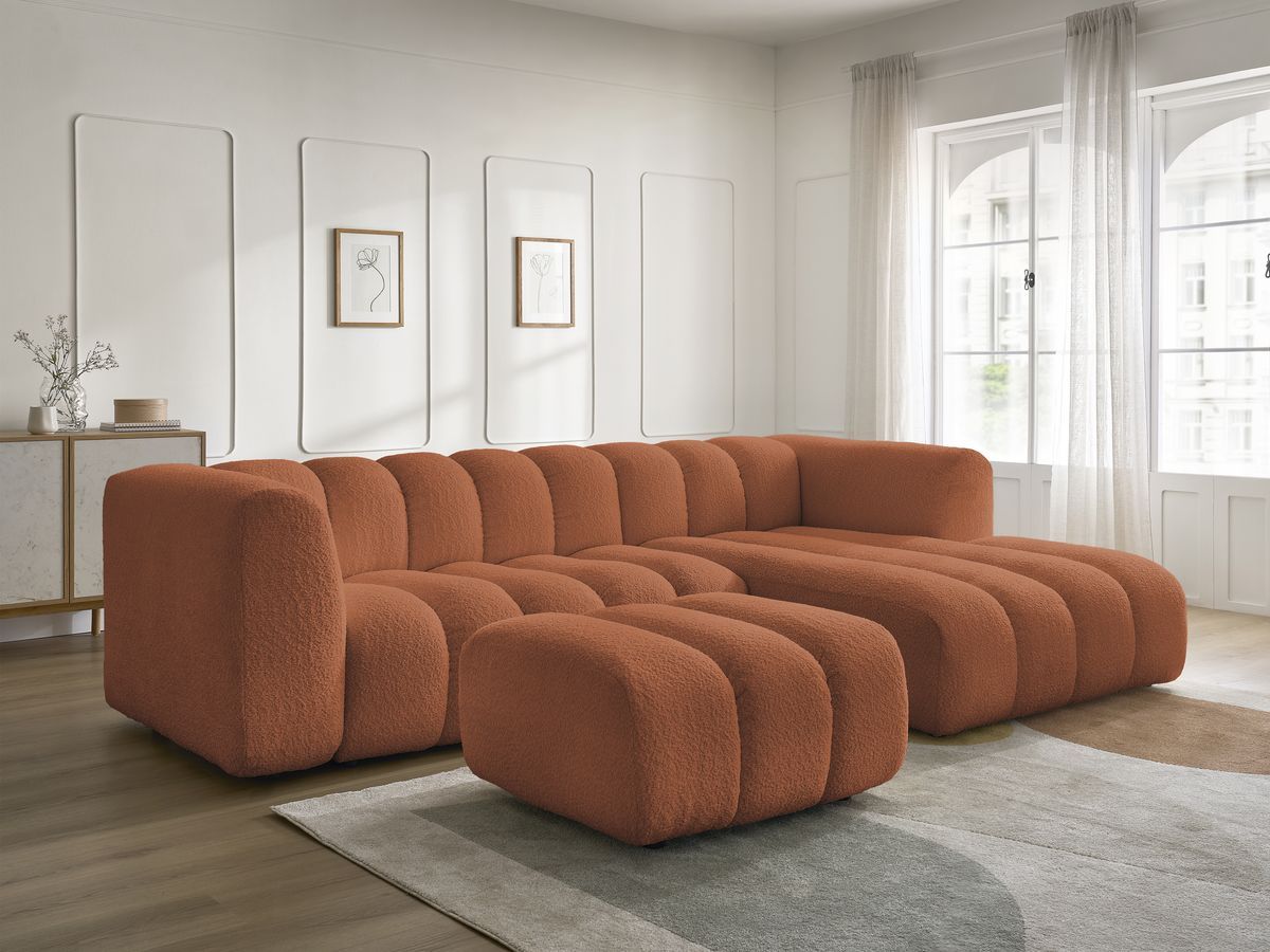 Canapé d'angle fixe TALIA tissu bouclette avec pouf