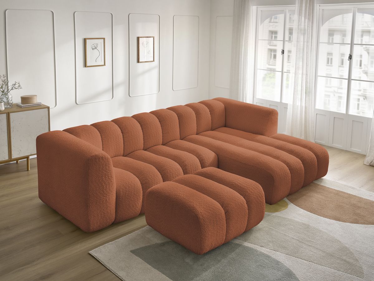 Canapé d'angle fixe TALIA tissu bouclette avec pouf
