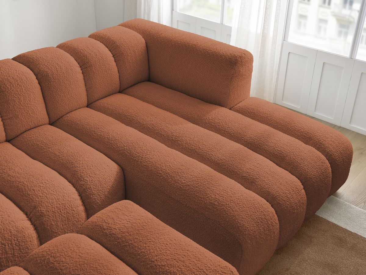 Canapé d'angle fixe TALIA tissu bouclette avec pouf