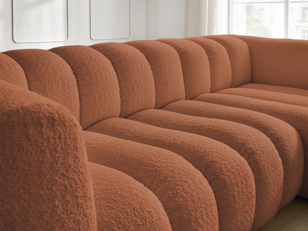 Canapé d'angle fixe TALIA tissu bouclette avec pouf