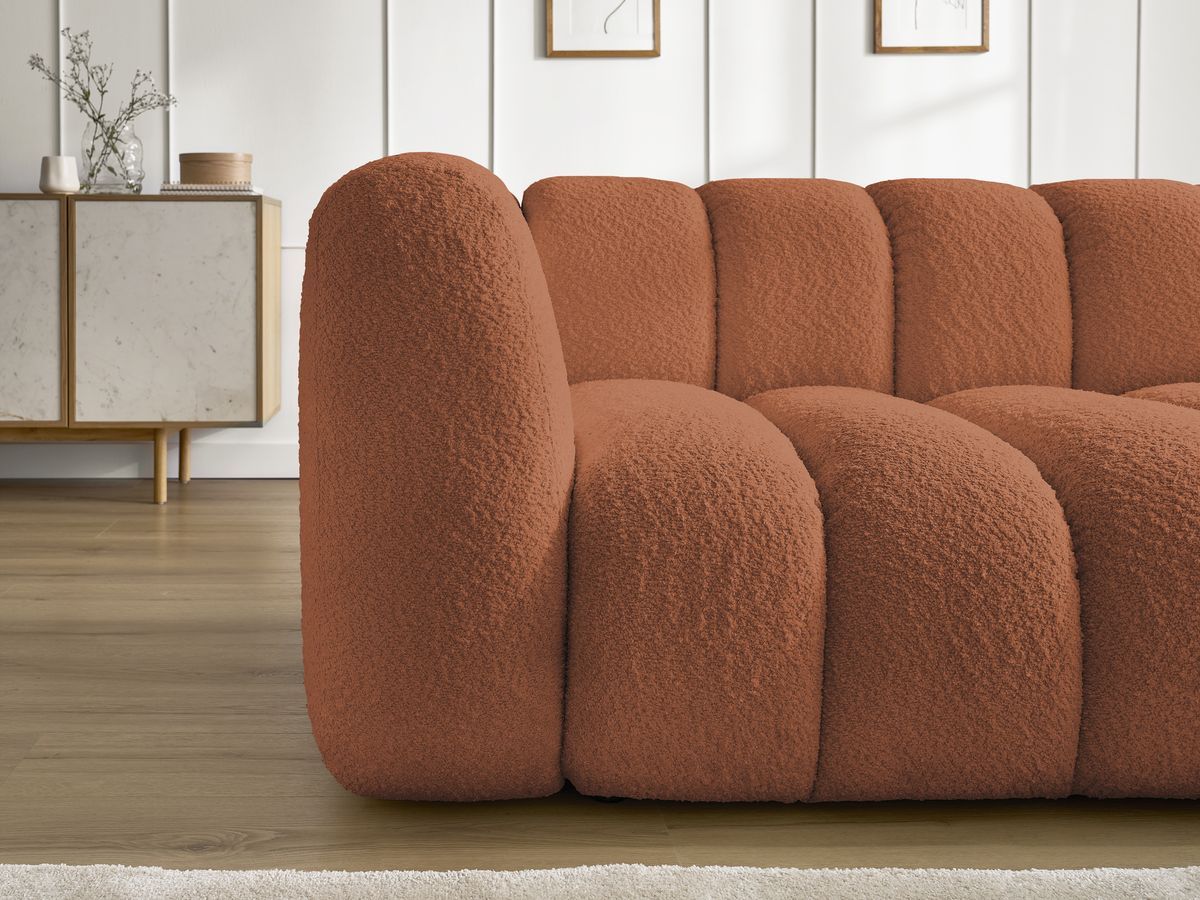 Canapé d'angle fixe TALIA tissu bouclette avec pouf