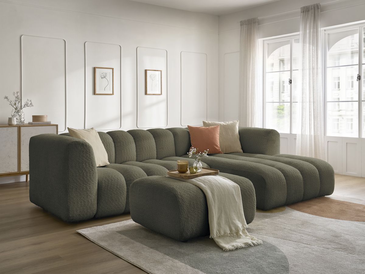 Canapé d'angle fixe TALIA tissu bouclette avec pouf