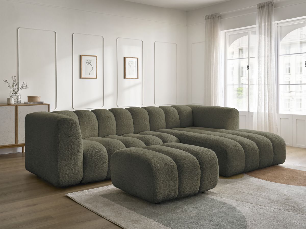 Canapé d'angle fixe TALIA tissu bouclette avec pouf