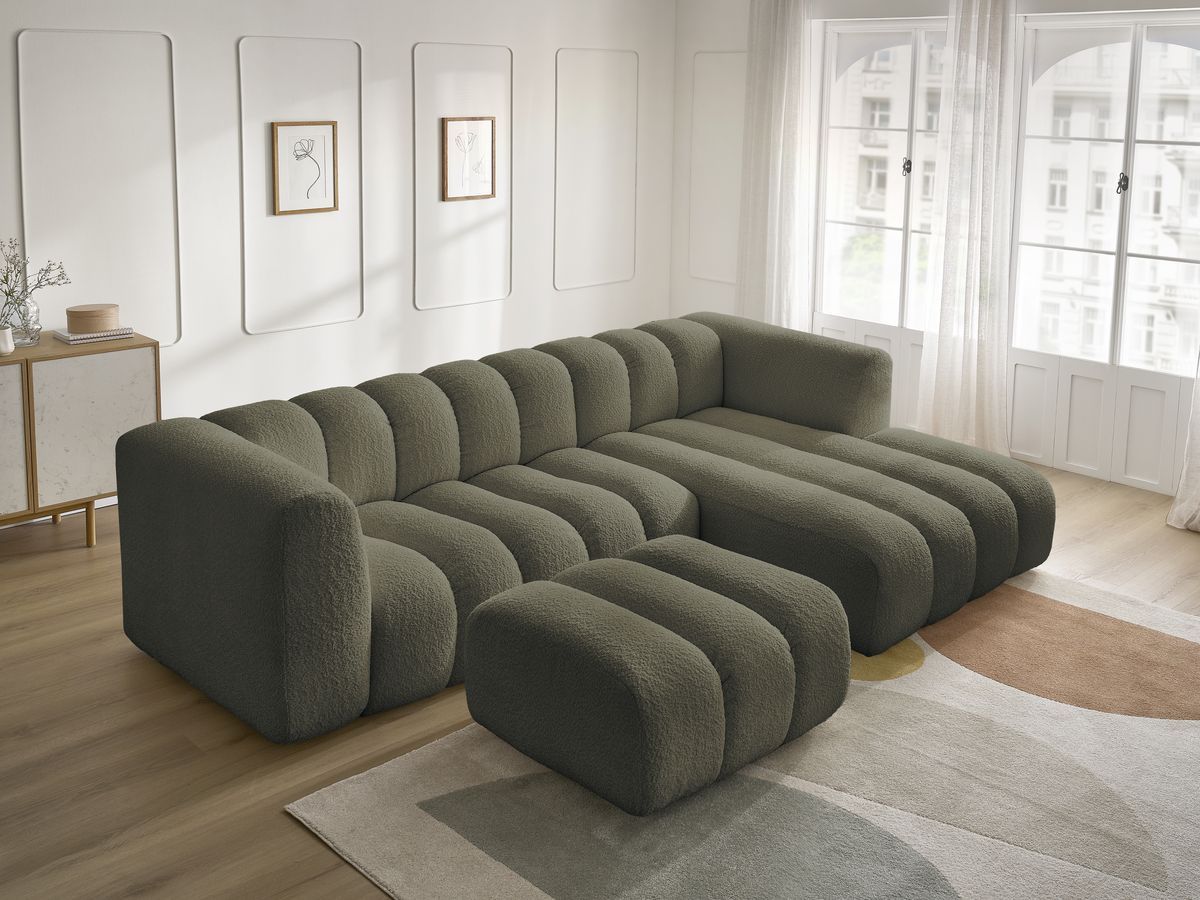 Canapé d'angle fixe TALIA tissu bouclette avec pouf