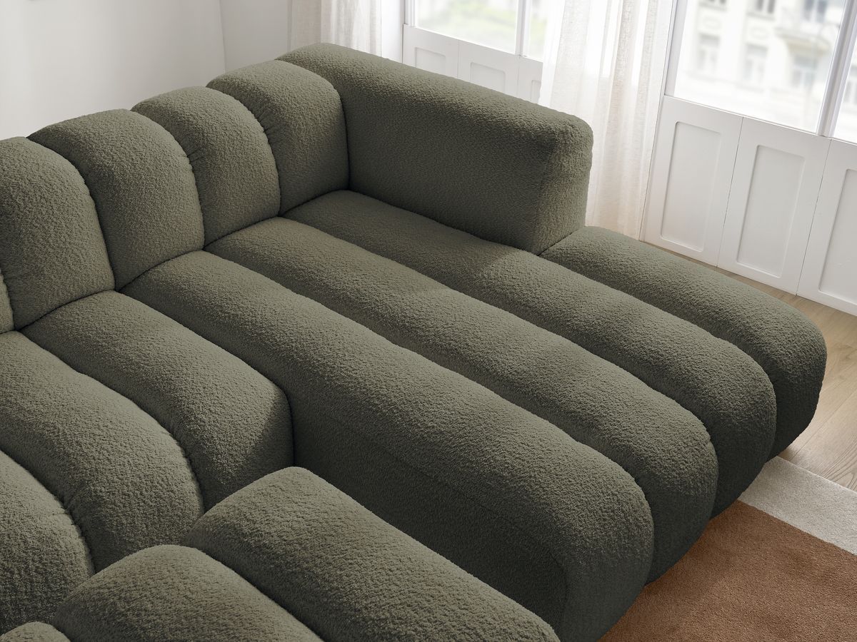 Canapé d'angle fixe TALIA tissu bouclette avec pouf