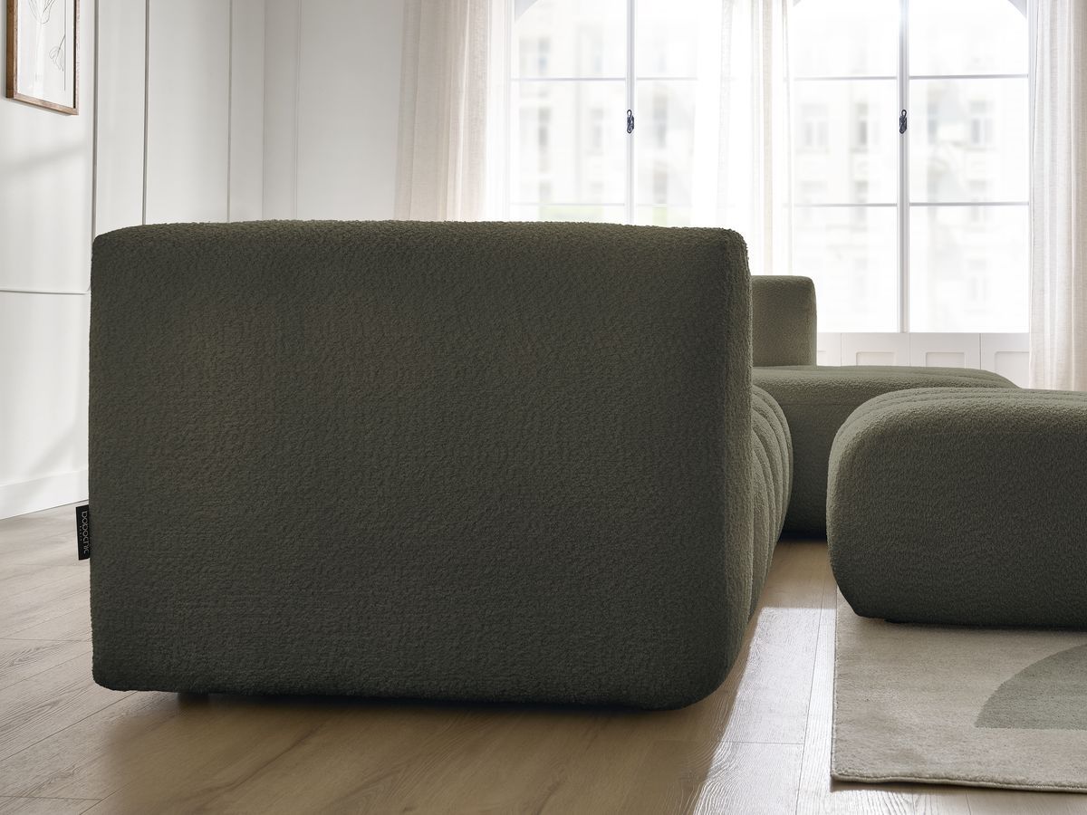 Canapé d'angle fixe TALIA tissu bouclette avec pouf