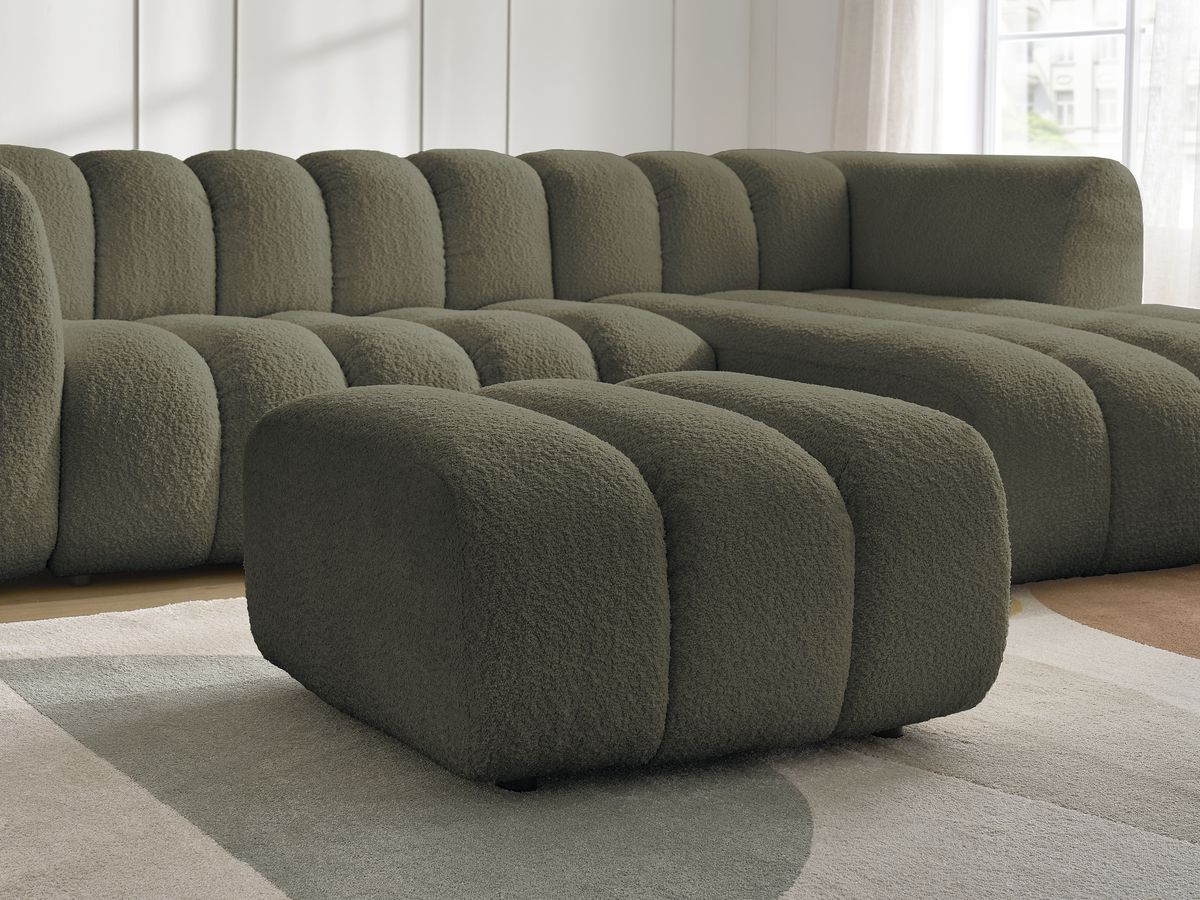 Canapé d'angle fixe TALIA tissu bouclette avec pouf