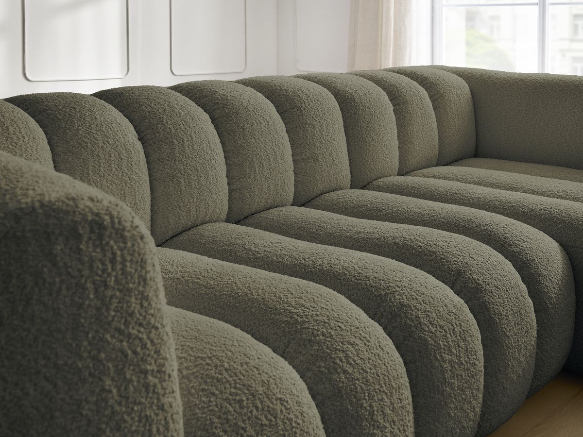 Canapé d'angle fixe TALIA tissu bouclette avec pouf