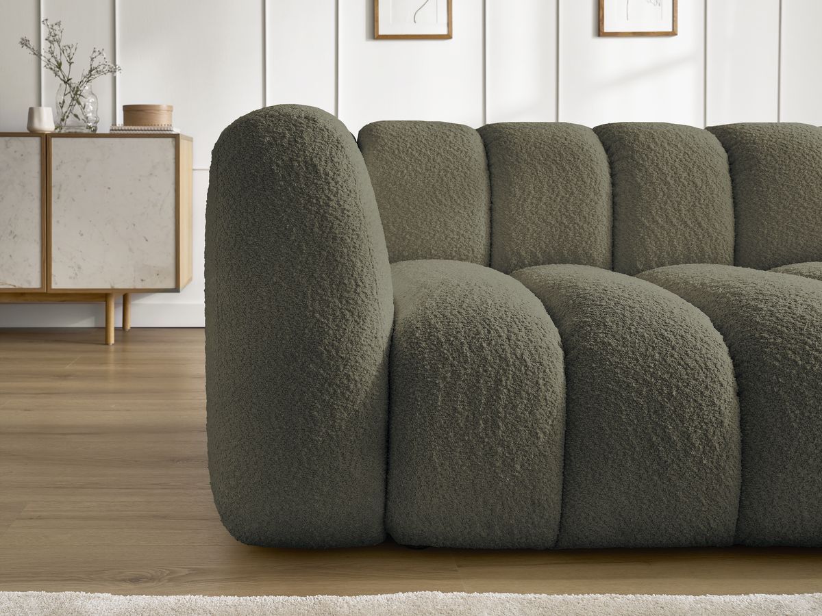Canapé d'angle fixe TALIA tissu bouclette avec pouf