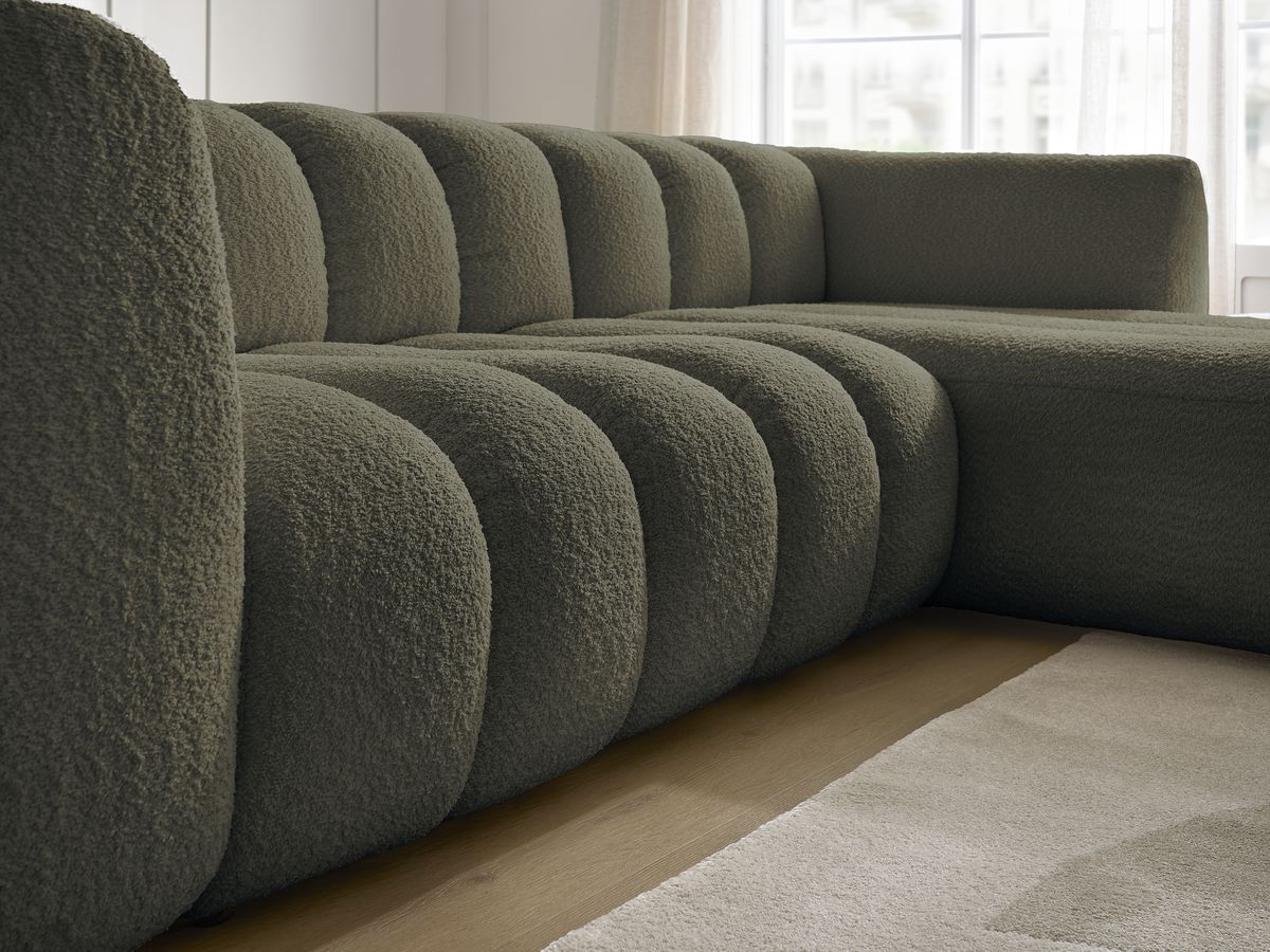 Canapé d'angle fixe TALIA tissu bouclette avec pouf