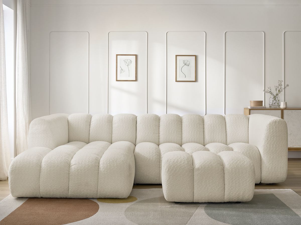 Canapé d'angle fixe TALIA tissu bouclette avec pouf beige angle gauche BOBOCHIC 4 places - Vue supplémentaire 3