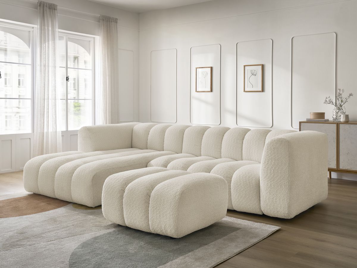 Canapé d'angle fixe TALIA tissu bouclette avec pouf