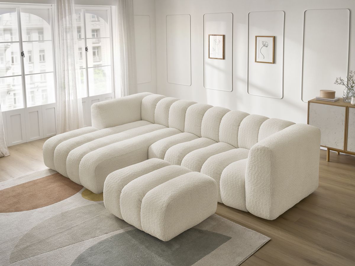 Canapé d'angle fixe TALIA tissu bouclette avec pouf