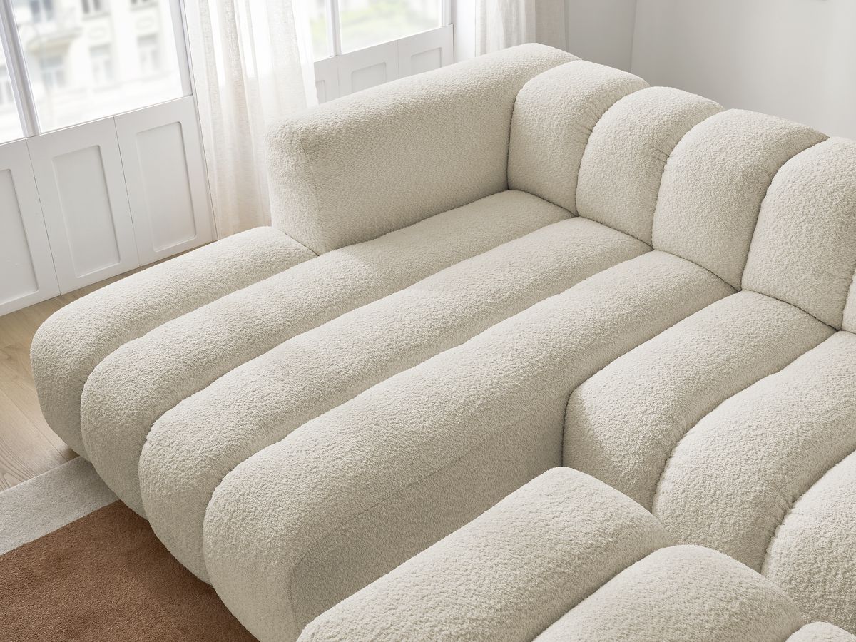 Canapé d'angle fixe TALIA tissu bouclette avec pouf