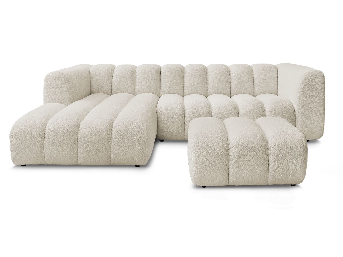 Canapé d'angle fixe TALIA tissu bouclette avec pouf