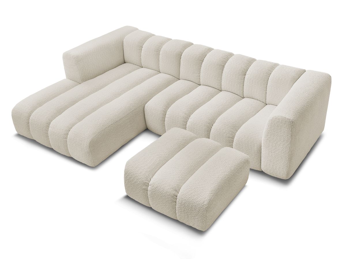 Canapé d'angle fixe TALIA tissu bouclette avec pouf